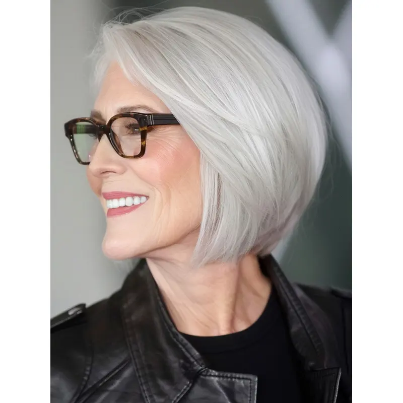 Grey Wig Bob Monofilament Chin Length Straight Wigs