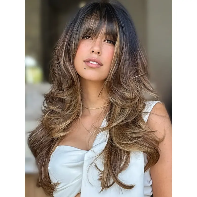 Long Wigs Lace Front 20" Wavy With Bangs Wigs