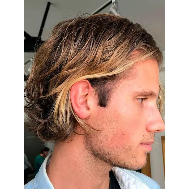 Mens Wig Human Hair Layered Ombre/2 Tone Short Wavy Wigs