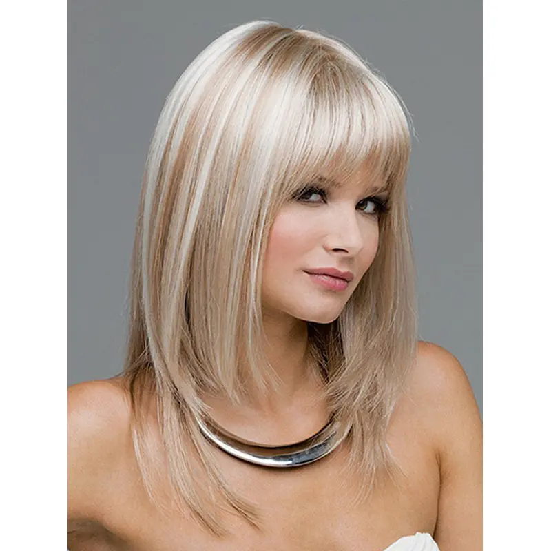 Shoulder Length Straight Blonde Monofilament With Bangs Top Quality Synthetic Wigs