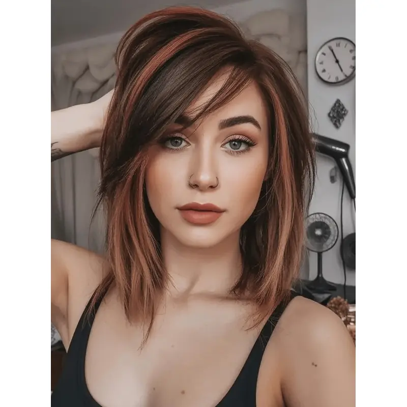 Bob Length Human Hair Wigs Ombre Tone 12" With Bangs Wigs