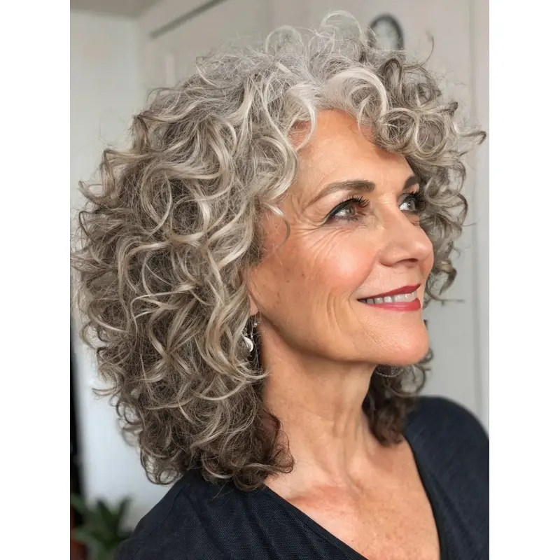 Grey Curly Medium Length Wig Layered Monofilament Remy Human Hair Wigs