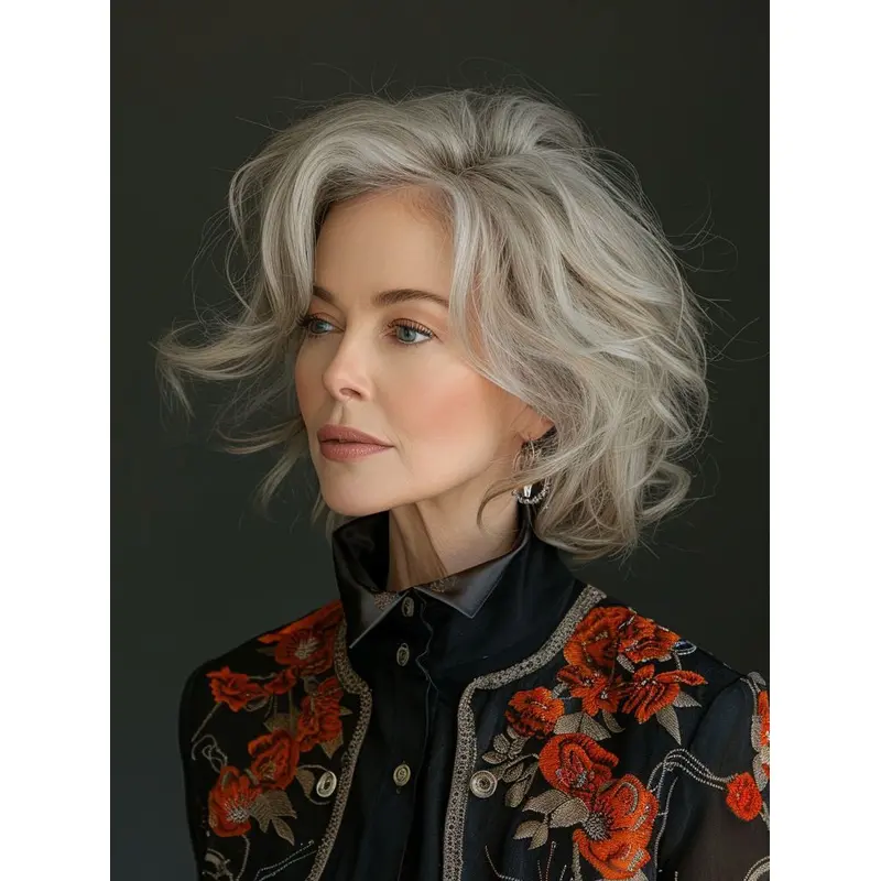 Grey Lace Front Wigs Bobs Wavy Synthetic Shoulder Length 12" Wigs