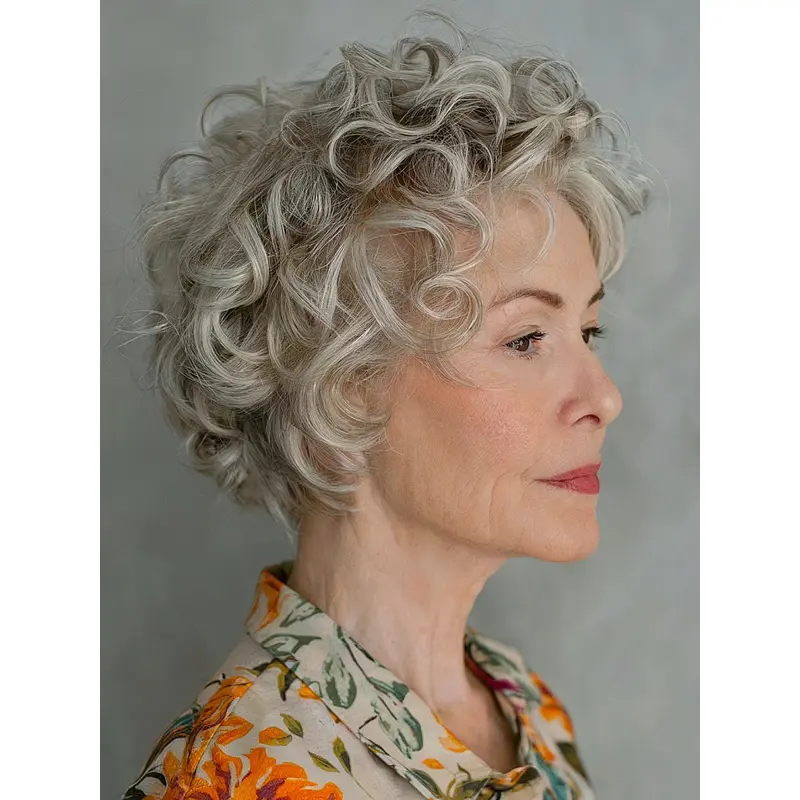 Grey Hair Short Bob Wigs 8" Curly Layered Monofilament Wigs