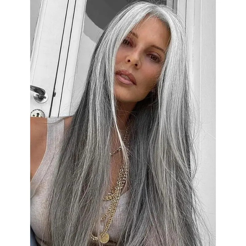 Long Grey Wigs Synthetic Lace Front Wigs Without Bangs Straight Grey Wigs