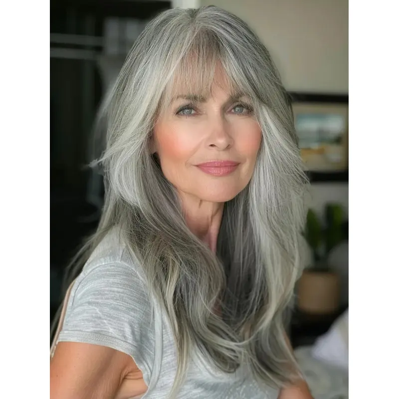 Real Grey Hair Wigs Remy Human Hair Layered 18" Long Wigs