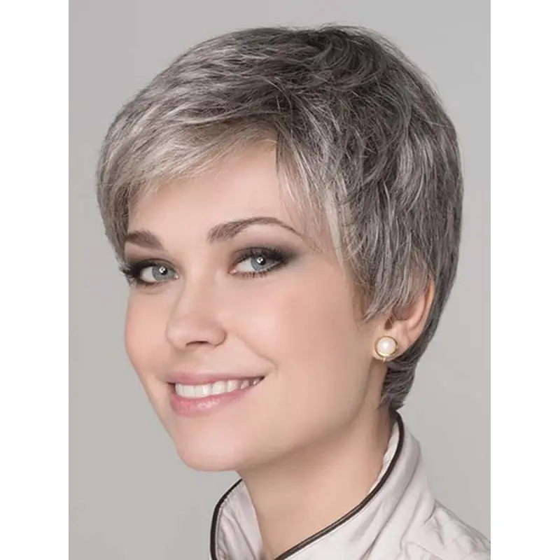 Short Grey 8" Straight Synthetic Monotop Wigs