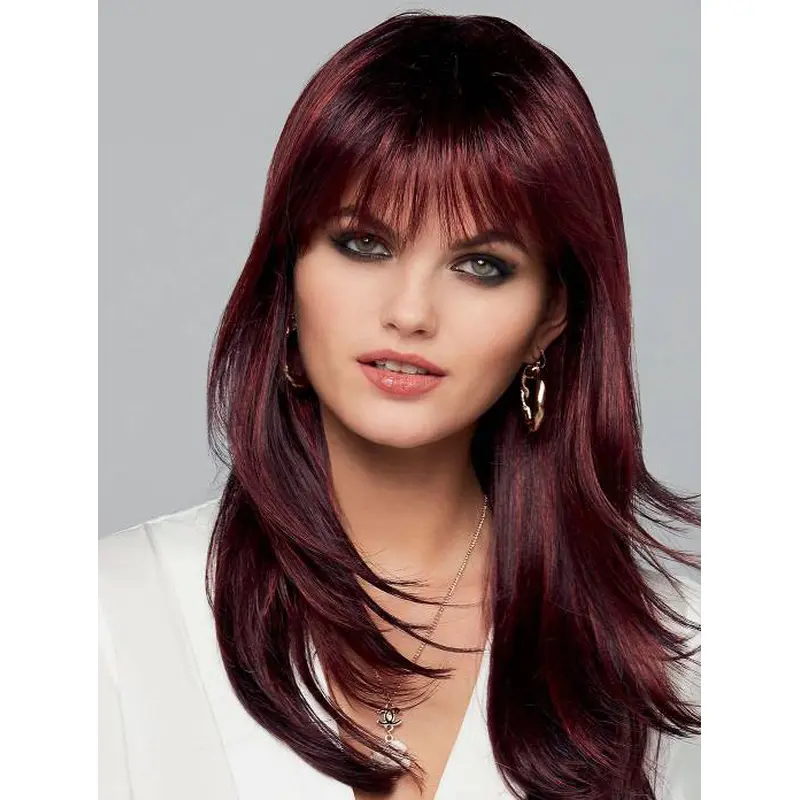 Straight Red With Highlights Monofilament Synthetic 16" Natural Hair Long Wig
