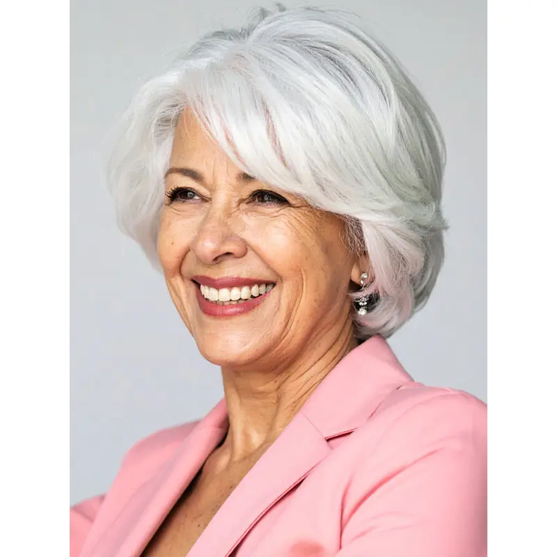 Women Grey Wig 10" Wavy With Bangs Monofilament Wigs
