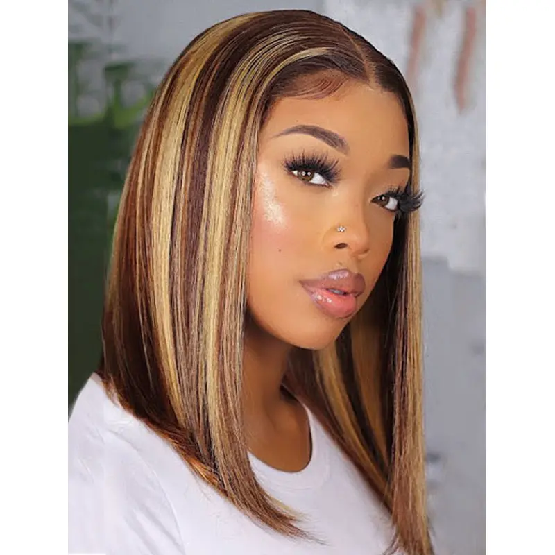 Honey Blonde Transparent Lace Frontal Wigs With Highlights Straight Lace Bob Wig
