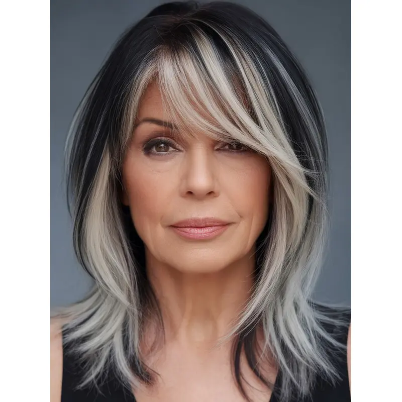 Real Human Hair Grey Wigs With Bangs Lace Front Shoulder Length Wigs