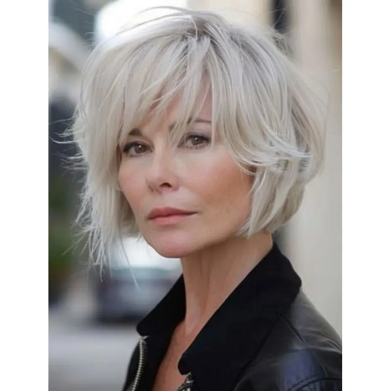 Short Grey Pixie Wig Bobs Wavy Monofilament Wigs