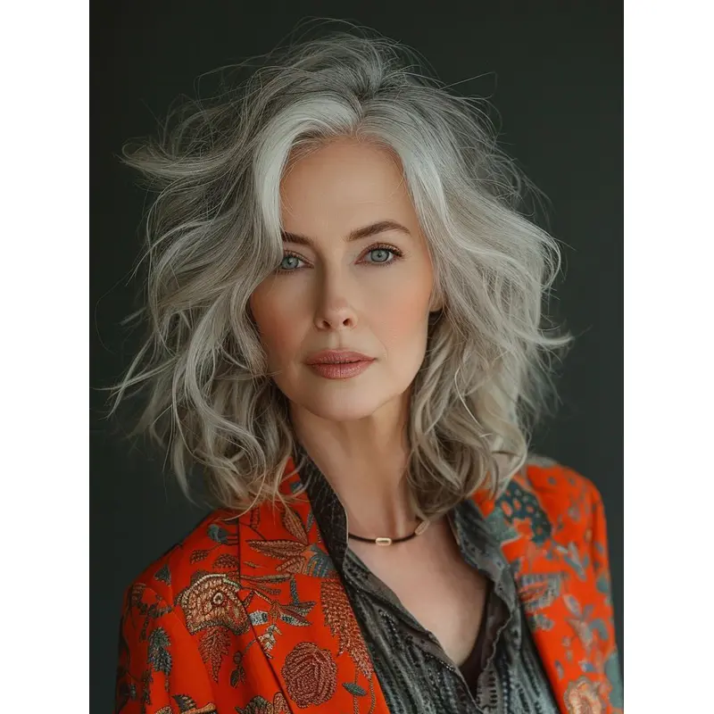Wigs Silver Grey 14" Synthetic Wavy Layered Shoulder Length Monofilament Wigs