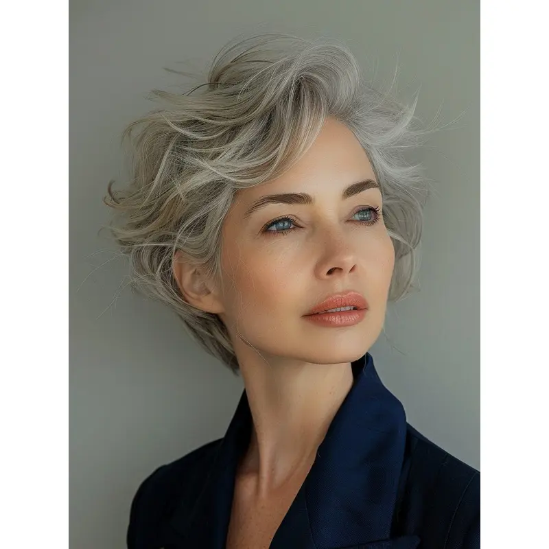 Grey Human Hair Wigs Chin Length Monofilament Wavy Bobs 10" Wigs