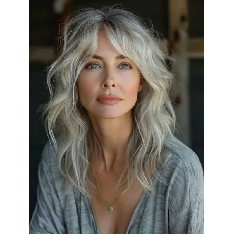 16" Monofilament With Bangs Long Grey Wig