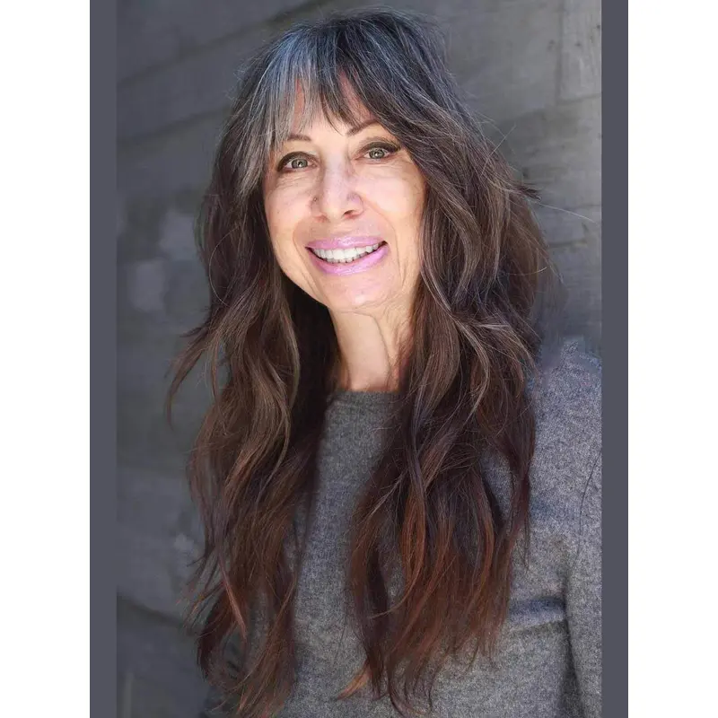Long Grey Hair Wig Synthetic With Bangs Wavy Monofilament Wigs