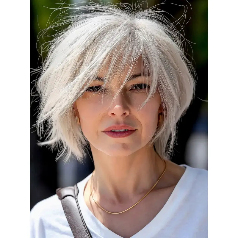 Grey Hair Short Bobs 8" Straight With Bangs Short Wigs
