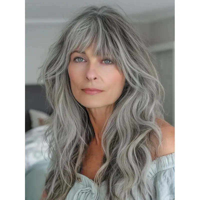 Human Hair Wig Grey With Bangs Wavy Lace Front Wigs
