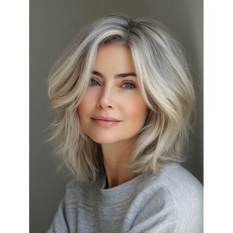 Grey Haired Wigs Layered Monofilament Remy Human Hair 12" Wavy Wigs