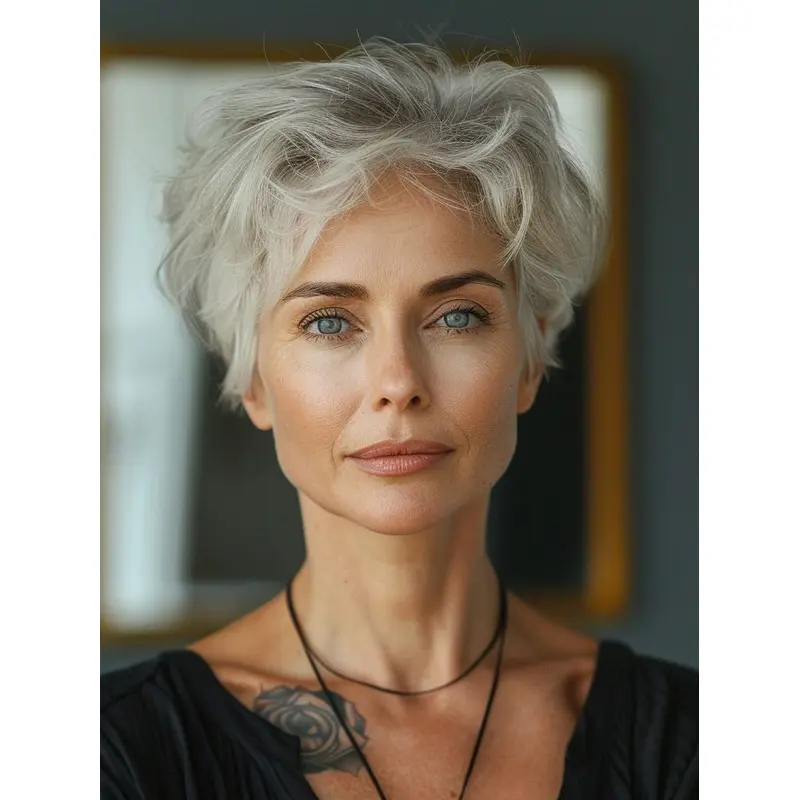 Human Hair Grey Wig Boycuts Monofilament Short 6" Wavy Wigs