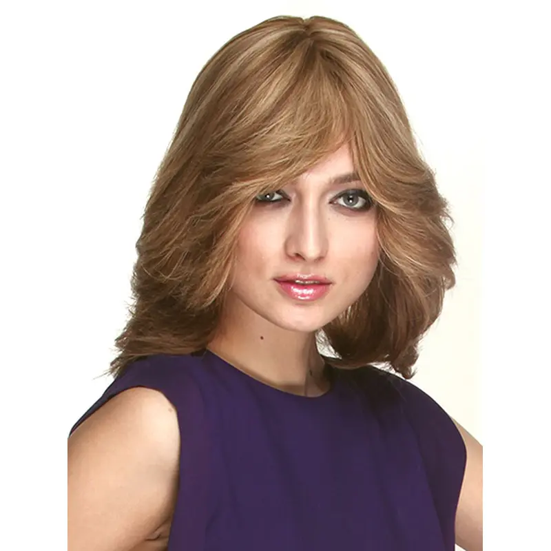 Wavy Shoulder Length Brown Remy Human Hair With Bangs Monofilament Wig