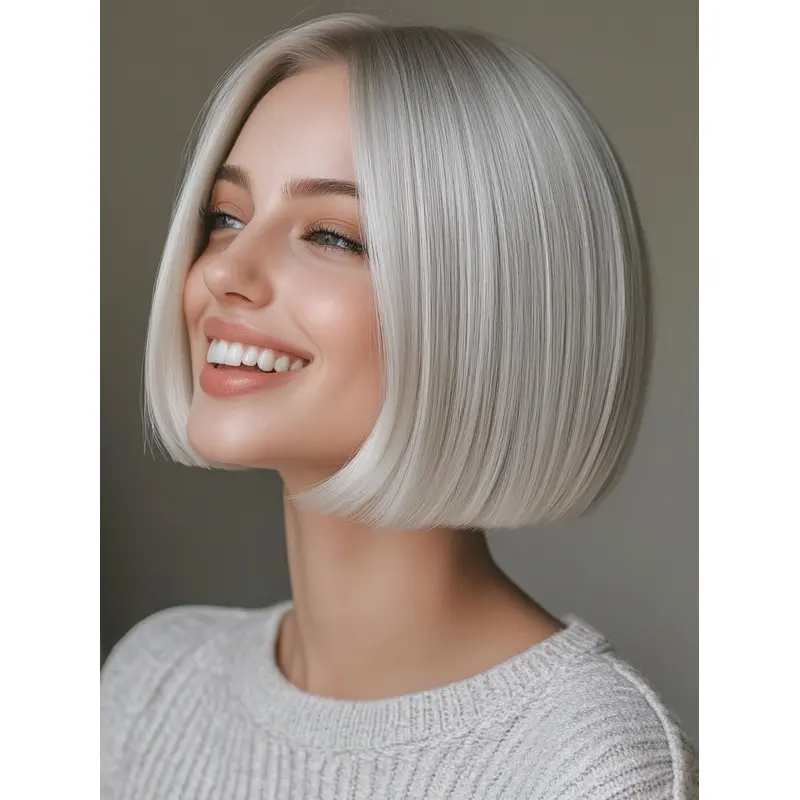 White Bob Wigs Without Bangs Lace Front Chin Length Wigs