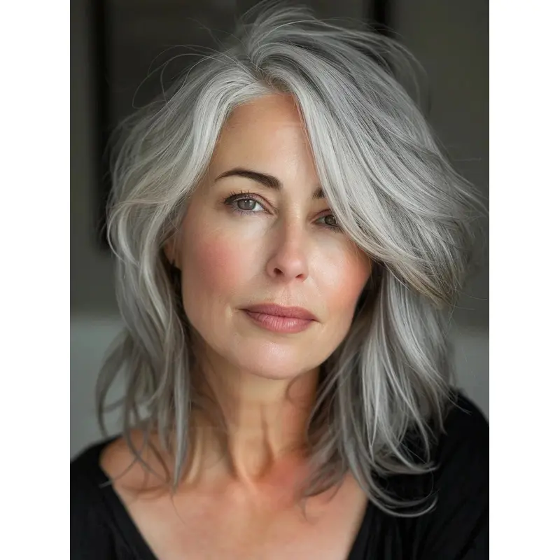 Grey Balding Wig Remy Human Hair Layered 14" Shoulder Length Wigs