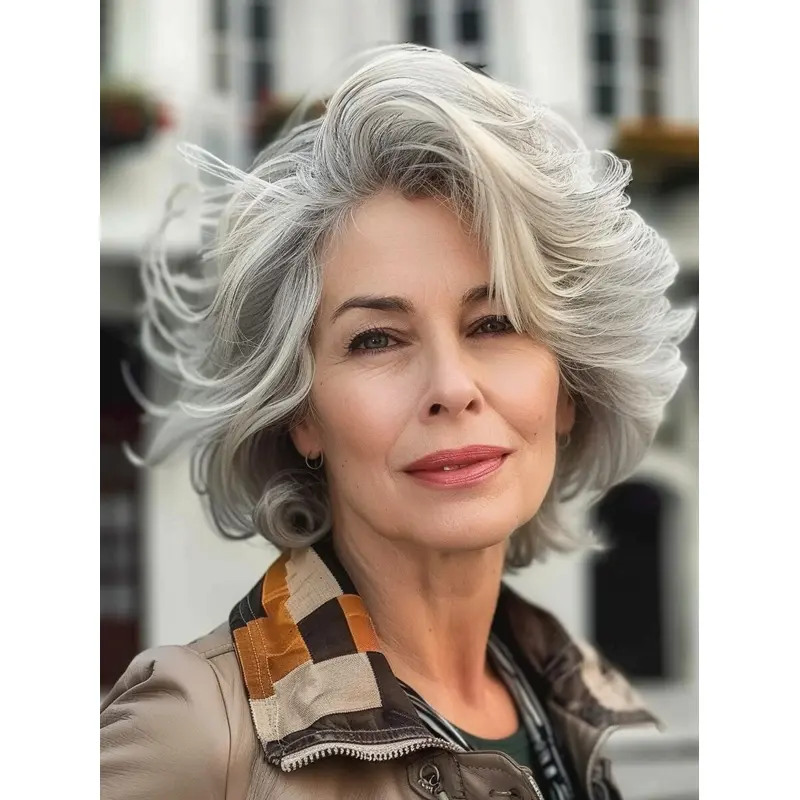 Human Hair Wigs Grey Monofilament Bobs 10" Chin Length Wavy Wigs