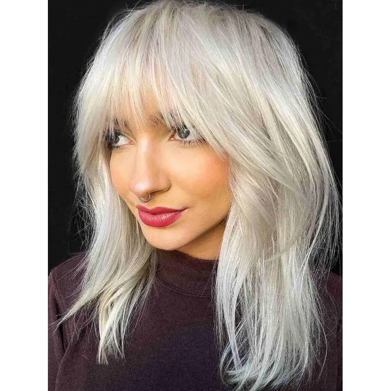 White Hair Wig Shoulder Length With Bangs Lace Front Synthetic Wavy Layered Wigs