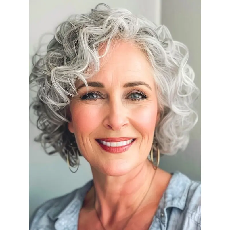 Short Curly Gray Wigs 8" Grey Synthetic Wigs