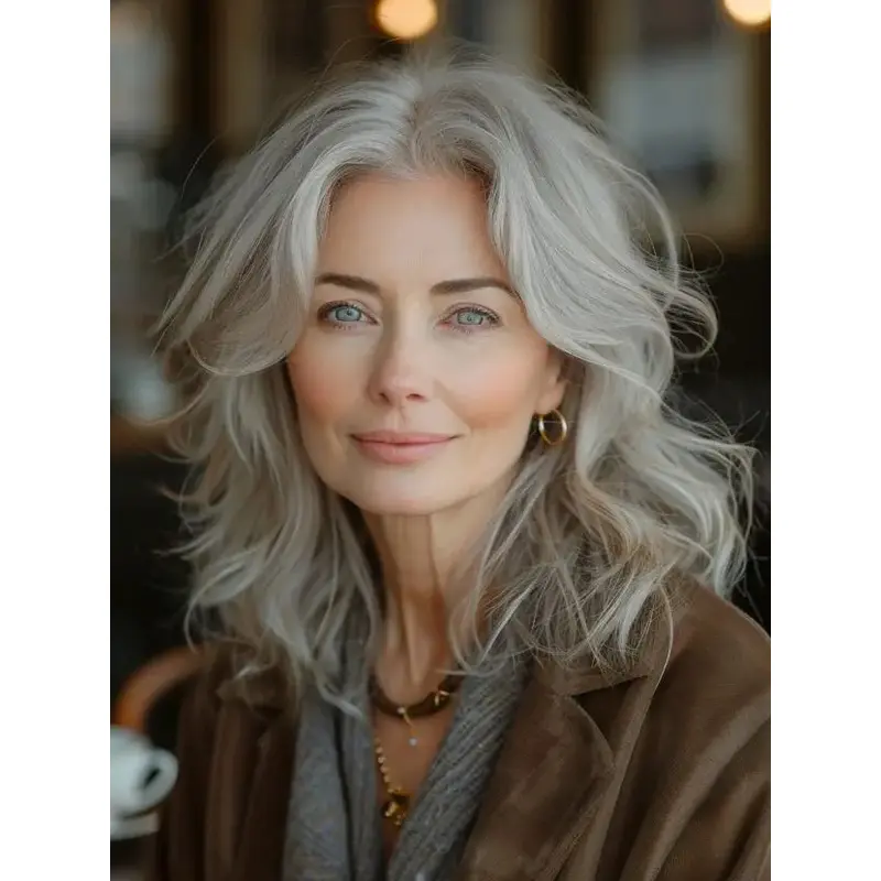 Long Hair Grey Wig 16" With Bangs Wavy Remy Human Hair Wigs