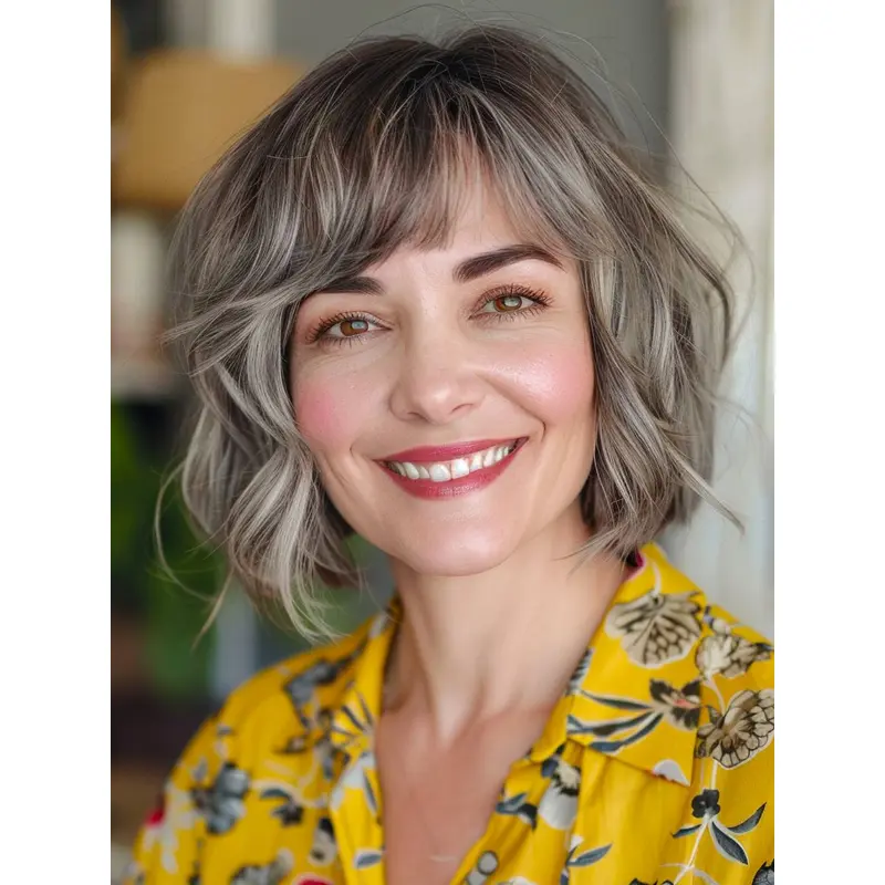 Bob Grey Wigs 10" Wavy With Bangs Chin Length Wigs