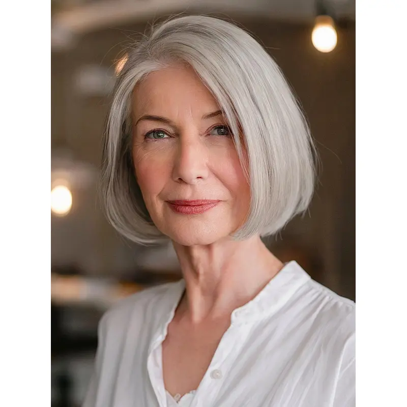 Human Hair Grey Bob Wig 10" Straight Layered Monofilament Wigs