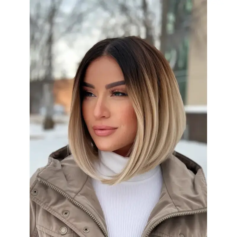 Bob Wig Lace 12" Remy Human Hair Ombre/2 Tone Straight Shoulder Length Wigs