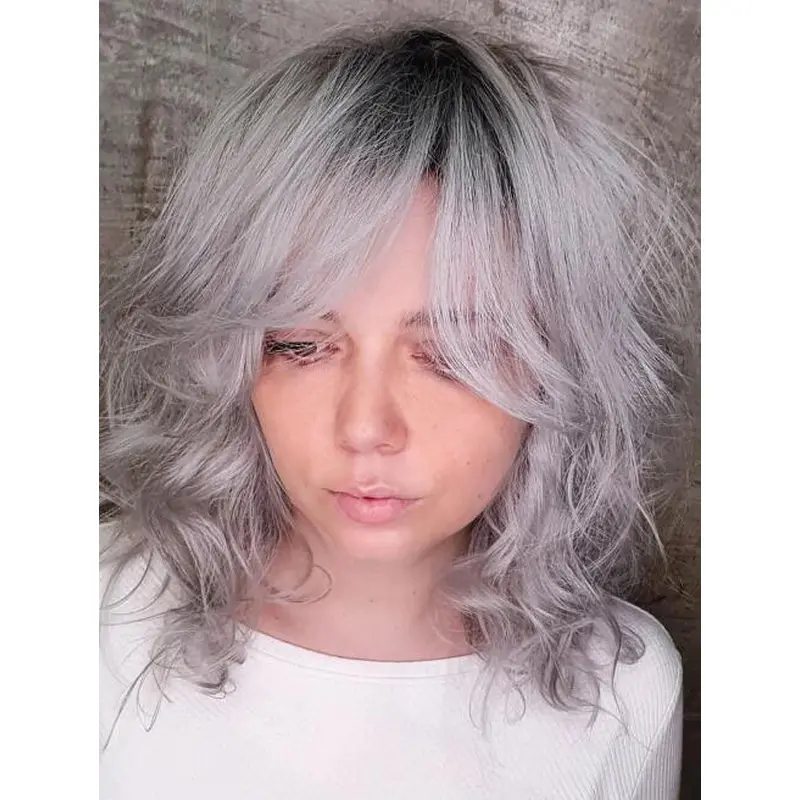 Grey Curly Wig Layered Lace Front Shoulder Length Shagy Curls Wigs