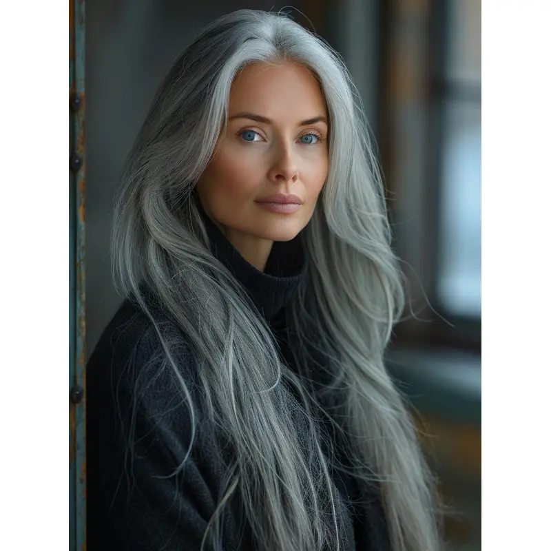 Long Grey Hair Wig Layered Synthetic 26" Straight Monofilament Wigs