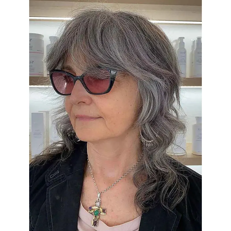 Long Grey Human Hair Wigs Curly With Bangs 16" Lace Front Wigs