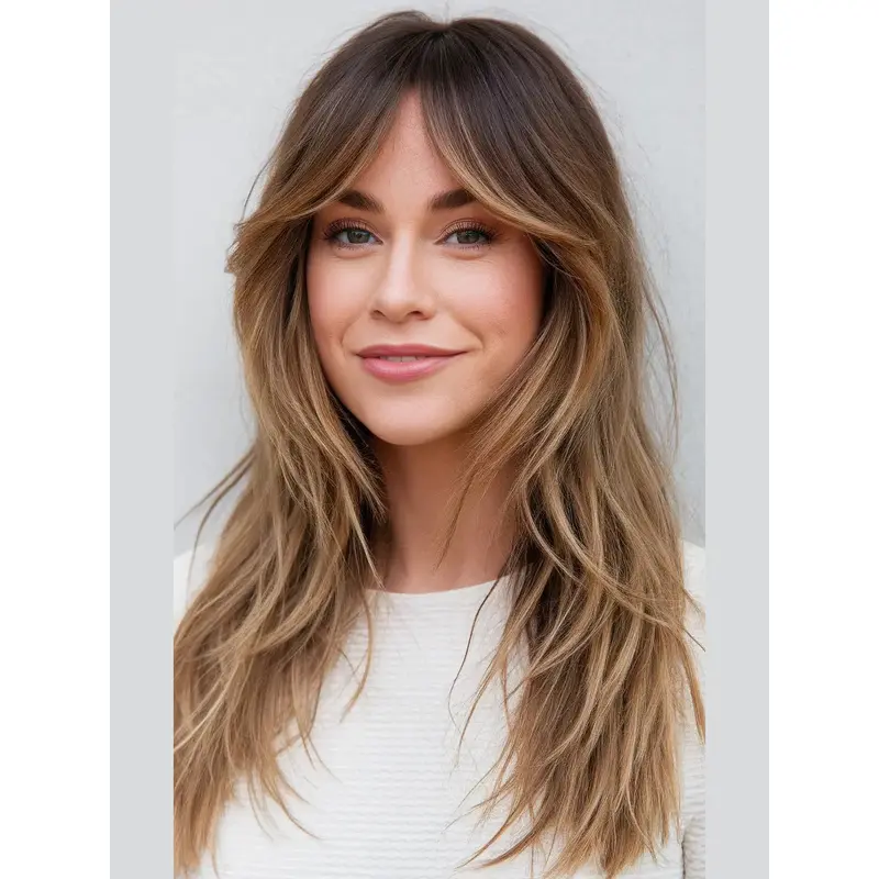 Long Straight Human Hair Wig 20" Monofilament Layered Wigs