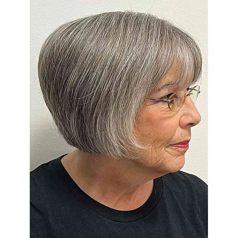 Women'S Short Wigs Grey Straight With Bangs 8" Remy Human Hair Wigs