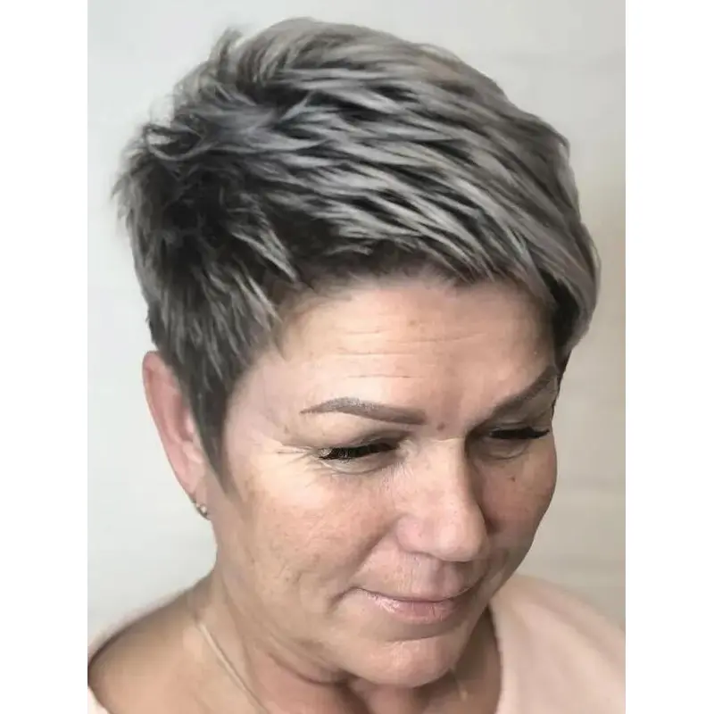 Grey Wig Cropped Synthetic Boycuts Straight Lace Front Gray-Blonde Highlighted Wigs