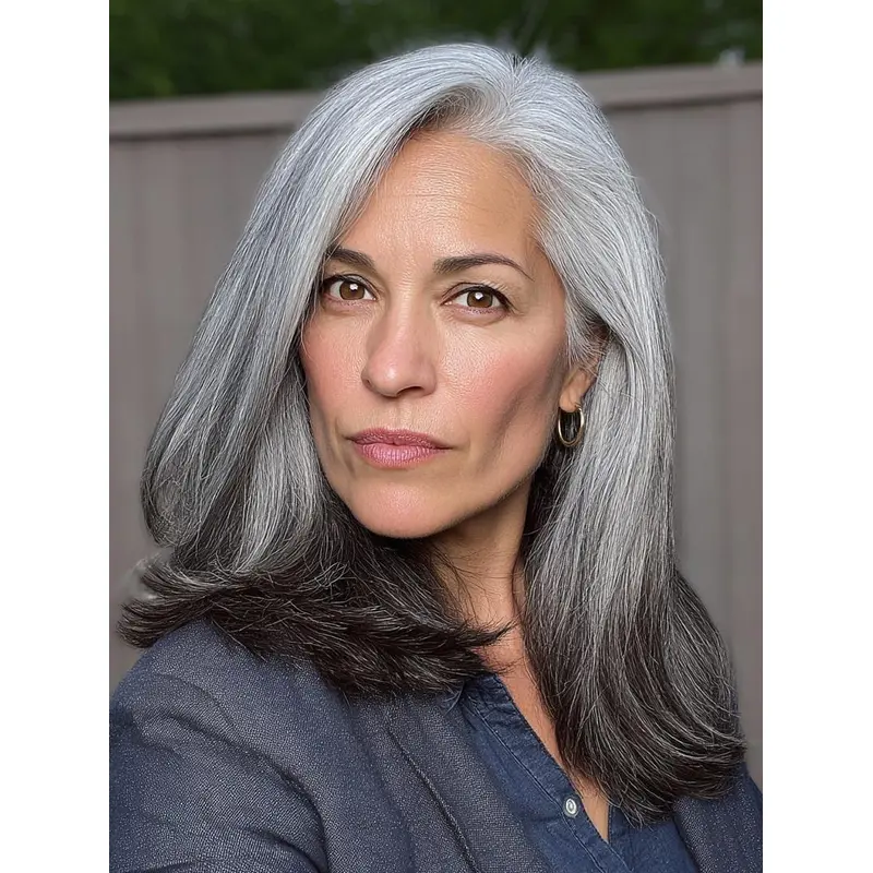 Grey Wig Long Hair Remy Human Hair Lace Front 16" Straight Wigs
