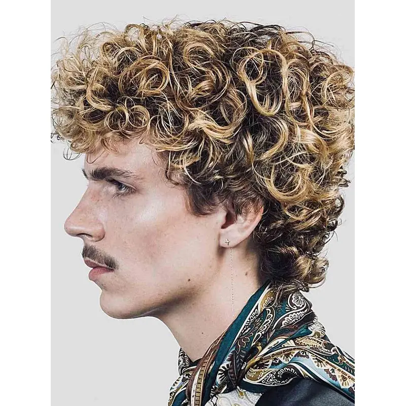 Human Hair Male Wigs Ombre/2 Tone Curly 10" With Bangs Wigs