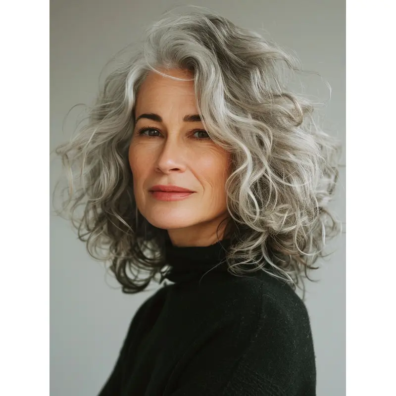 Grey Curly Wigs For Older Ladies Synthetic Layered 14" Shoulder Length Wigs