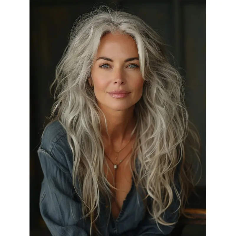 Long Grey Hair Wig Layered Remy Human Hair 22" Wavy Lace Front Wigs