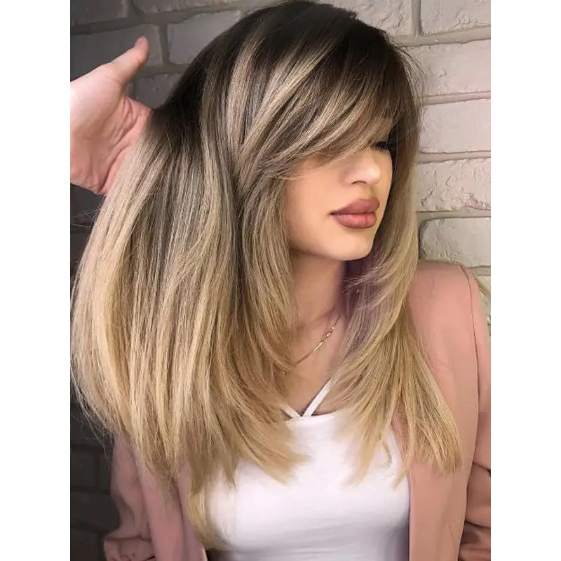 16" Layered Monofilament Human Hair Wigs Long Straight