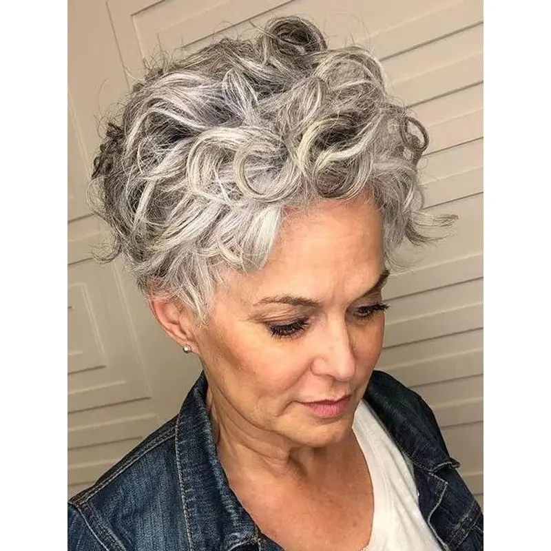 Curly Wigs Cropped Lace Front Synthetic Boycuts Affordable Gray Tapered Wigs
