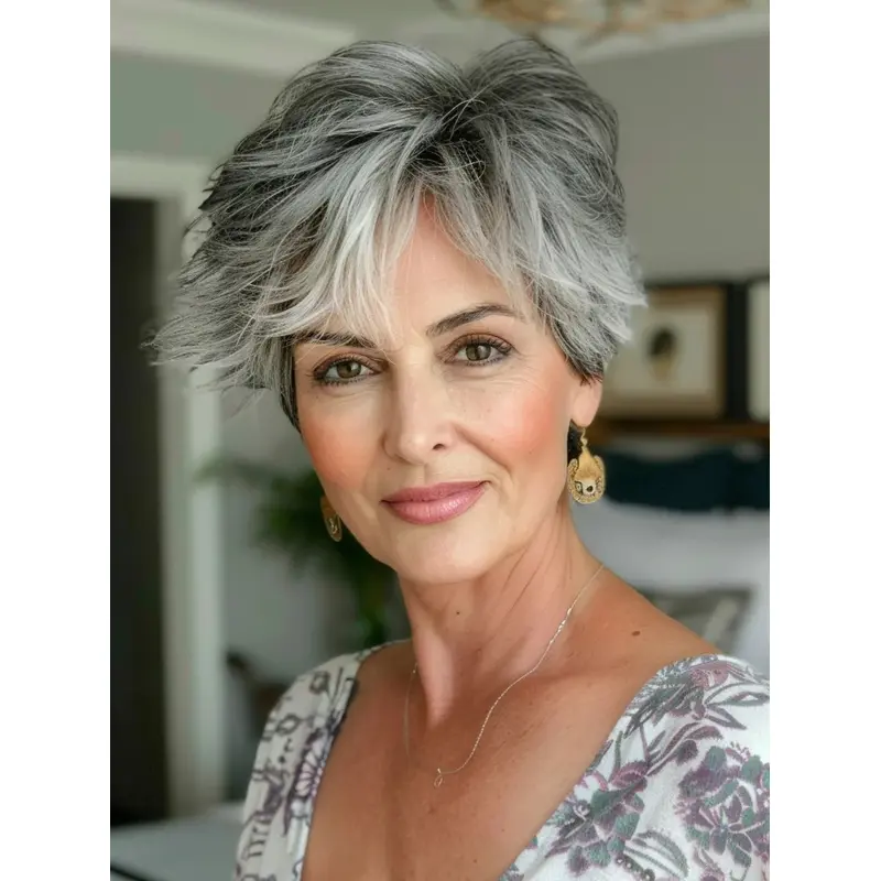 Grey Body Wave Wig Remy Human Hair With Bangs 8" Short Wigs