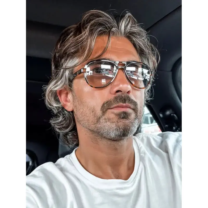 Mens Grey Hair Wigs Wavy Monofilament Synthetic Layered Wigs