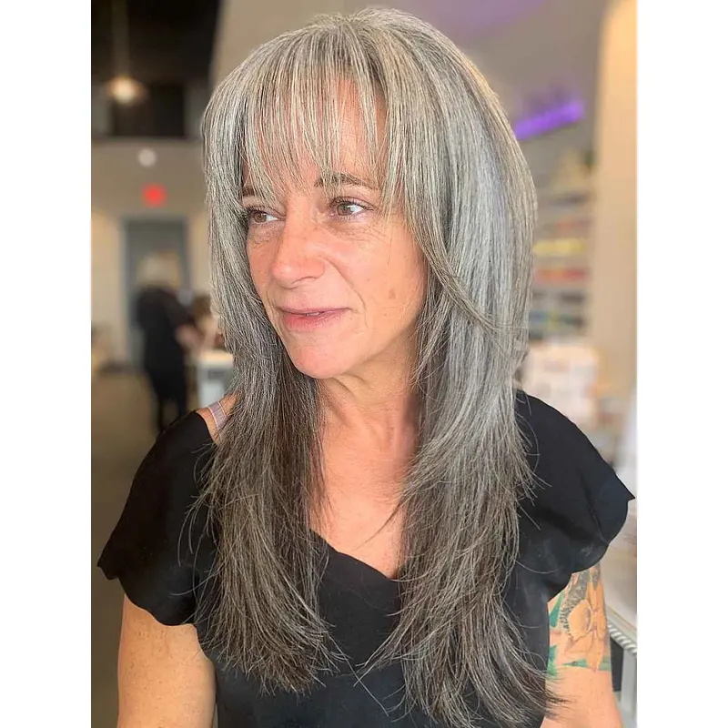Grey Wigs With Bangs Remy Human Hair Long Monofilament 20" Straight Wigs
