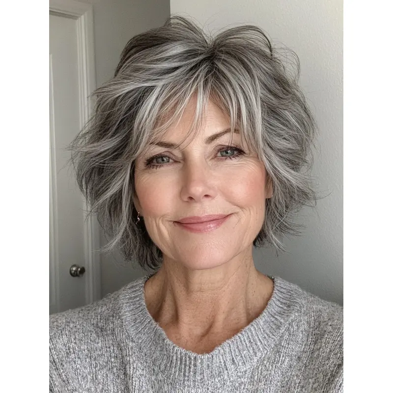 Wavy Grey Wig Monofilament 8" Remy Human Hair Layered Wigs